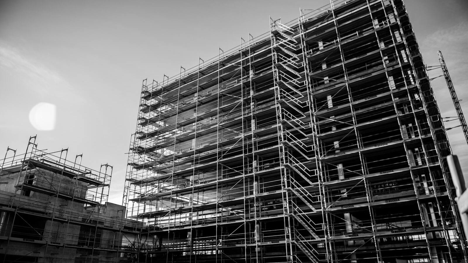 A building wrapped in scaffolding during renovation