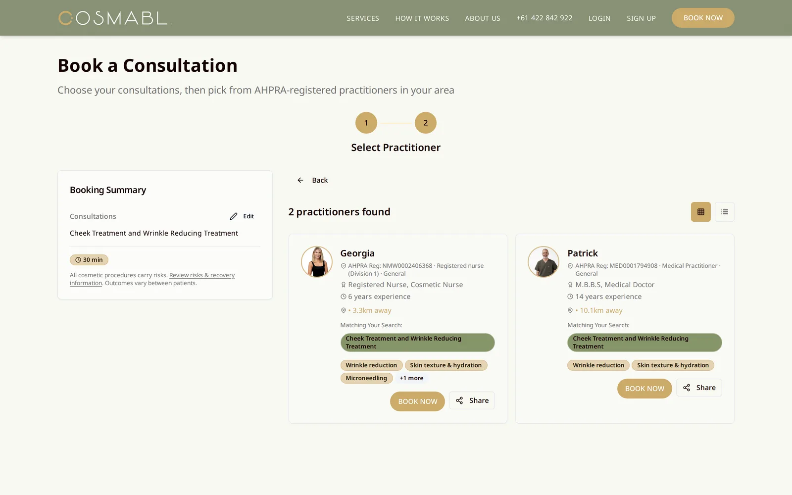 COSMABL. booking flow, treatment selection step