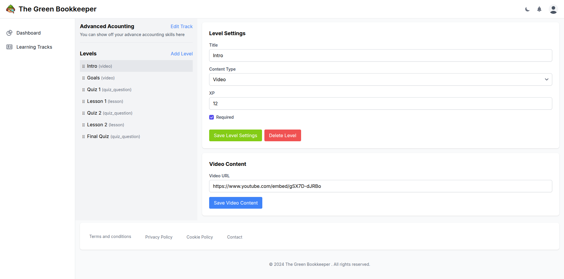 Learning platform course editing interface