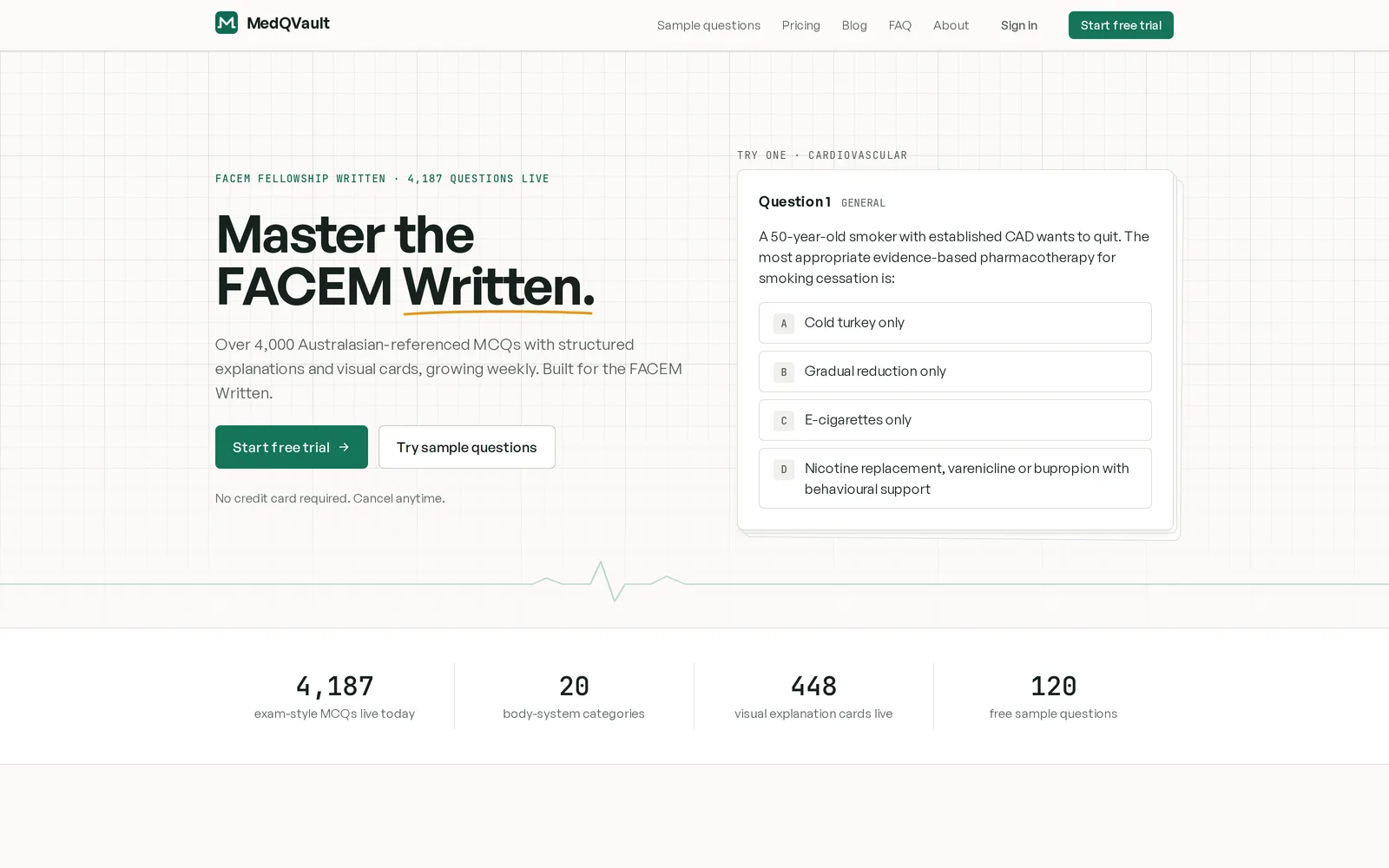 MedMaster landing page with question-bank statistics