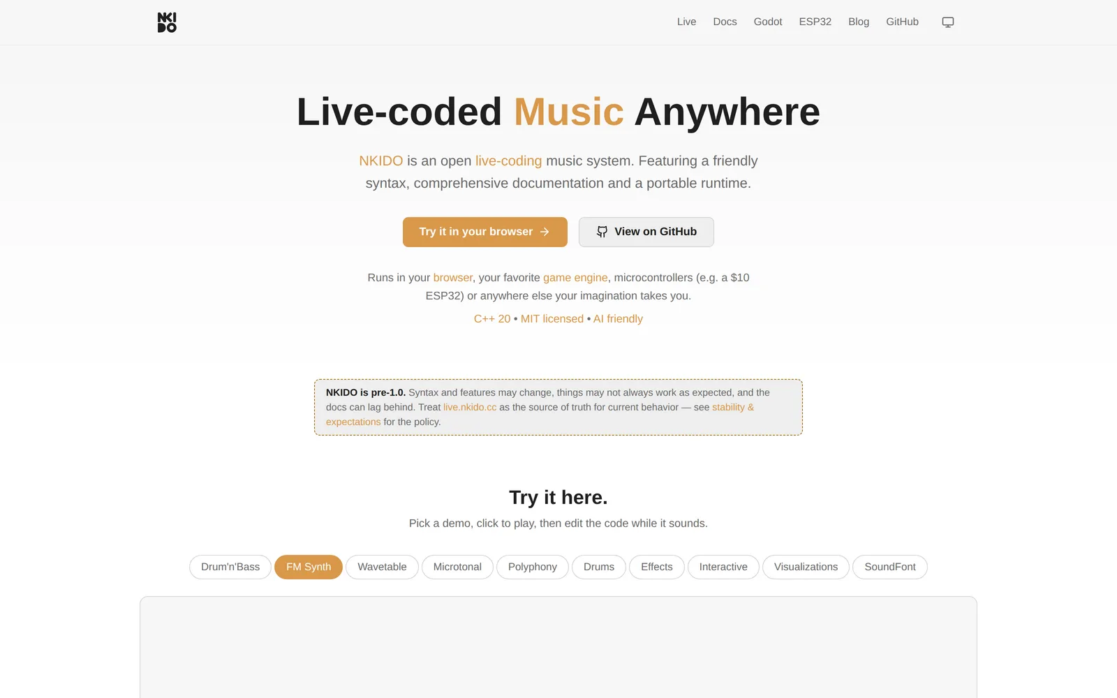 NKIDO landing page — live-coded music anywhere
