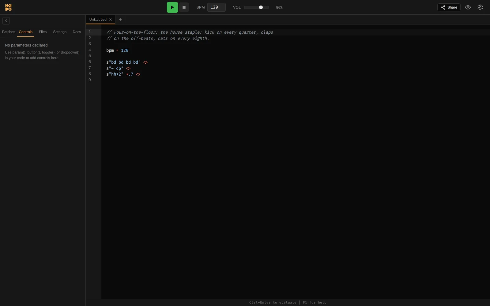 The NKIDO browser IDE with an Akkado pattern loaded